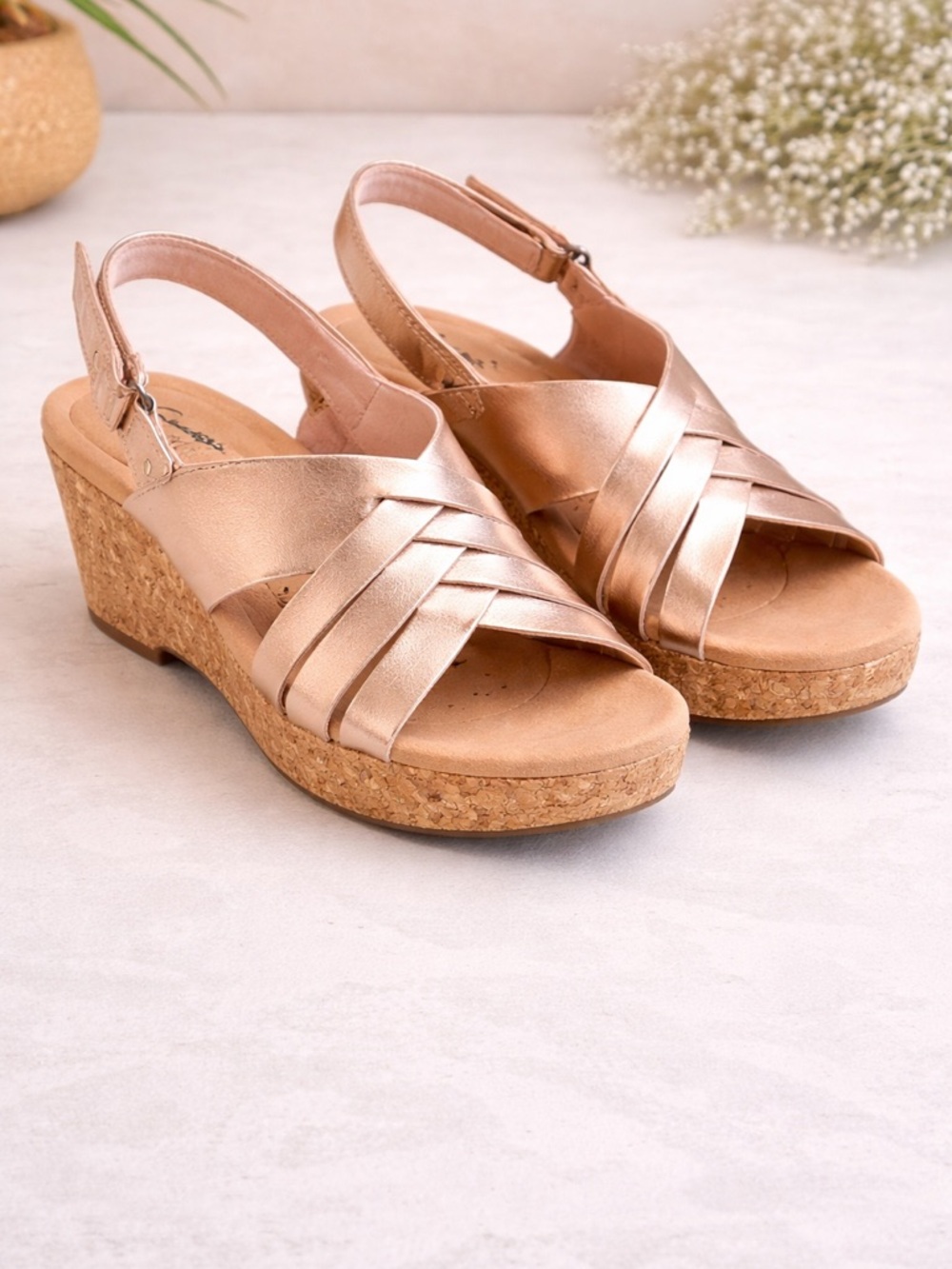 Women's Metallic Rose Gold Cork Wedge Sandals Runs Small